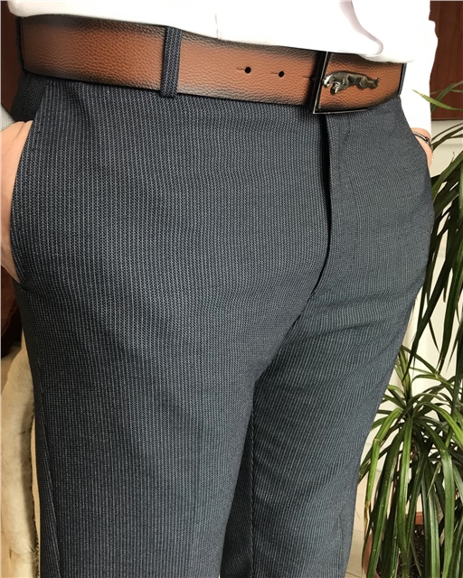 İtalyan stil slim fit erkek çizgili kumaş pantolon Lacivert T7145