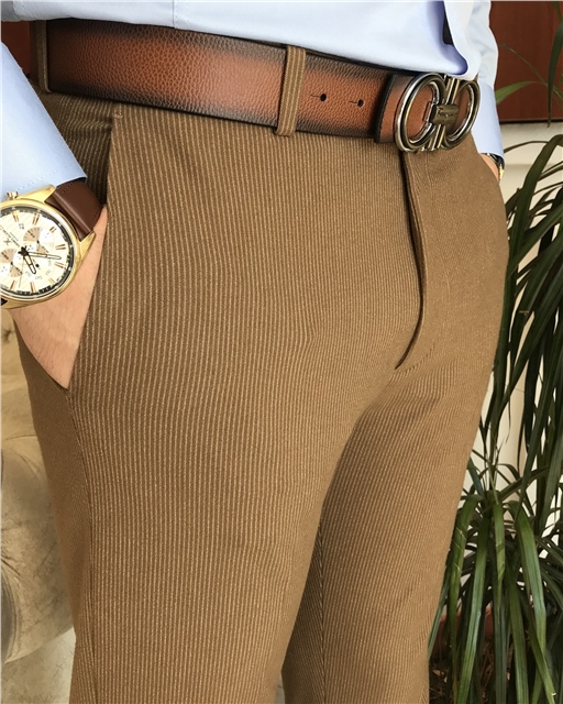 İtalyan stil slim fit erkek çizgili kumaş pantolon Kahverengi T6619