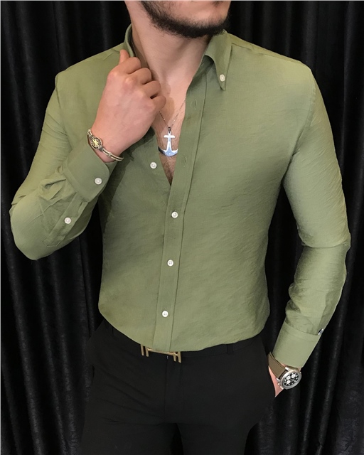 İtalyan stil slim fit erkek dik yaka gömlek yeşil T7090
