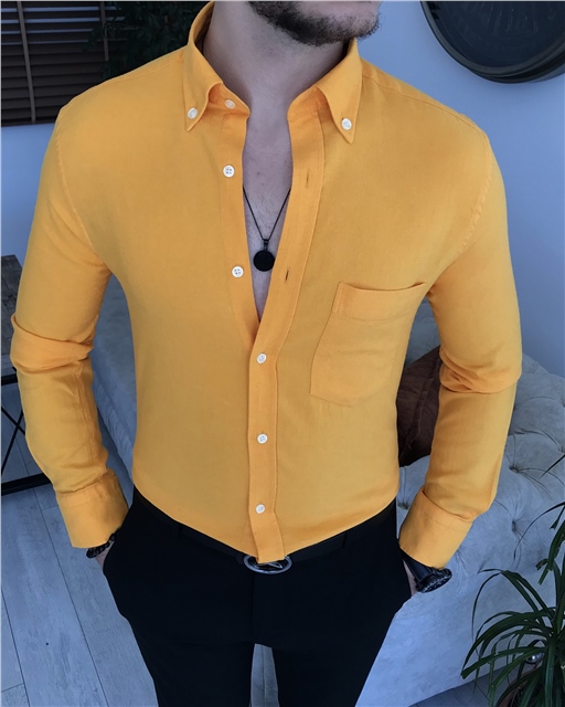 İtalyan stil slim fit erkek dik yaka gömlek Sarı T7463
