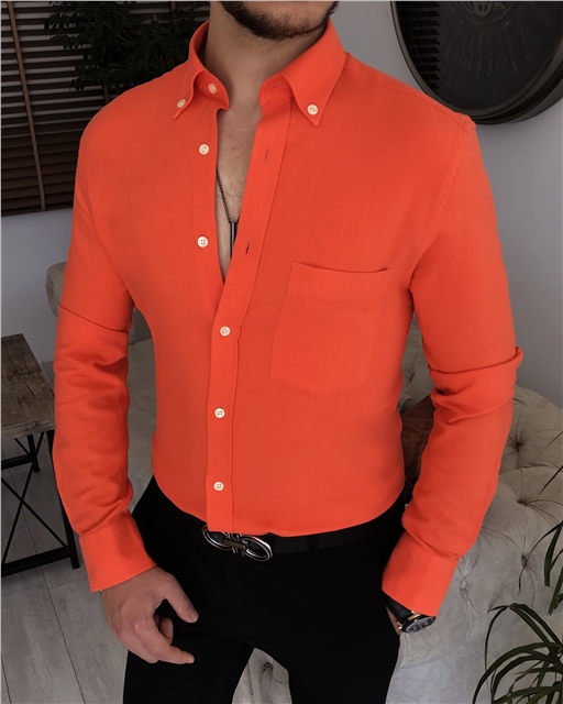 İtalyan stil slim fit erkek dik yaka gömlek Turuncu T7461