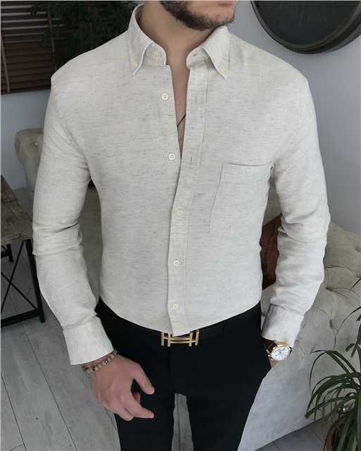 İtalyan stil slim fit erkek dik yaka gömlek Bej T7460