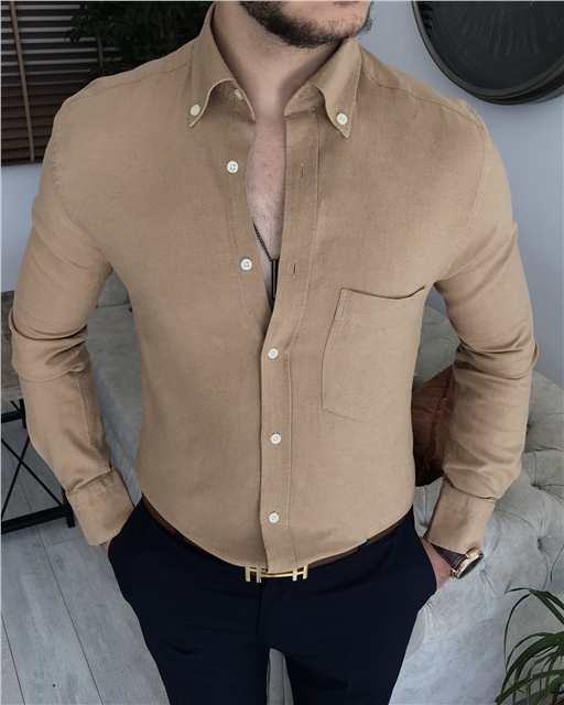 İtalyan stil slim fit erkek dik yaka gömlek camel T7464