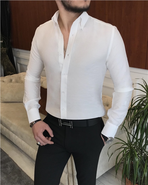 İtalyan stil slim fit erkek dik yaka gömlek beyaz T7091