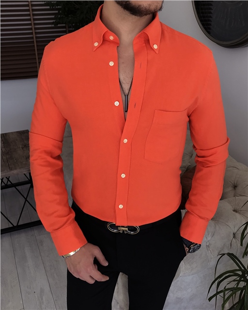 İtalyan stil slim fit erkek dik yaka gömlek Turuncu T7461