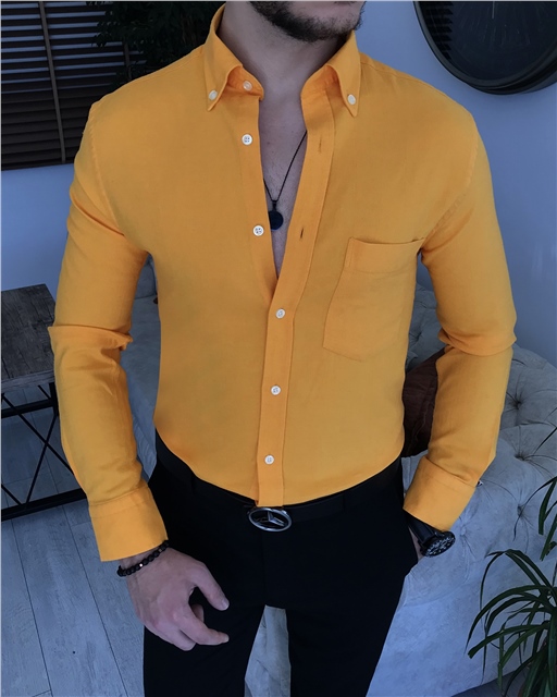 İtalyan stil slim fit erkek dik yaka gömlek Sarı T7463
