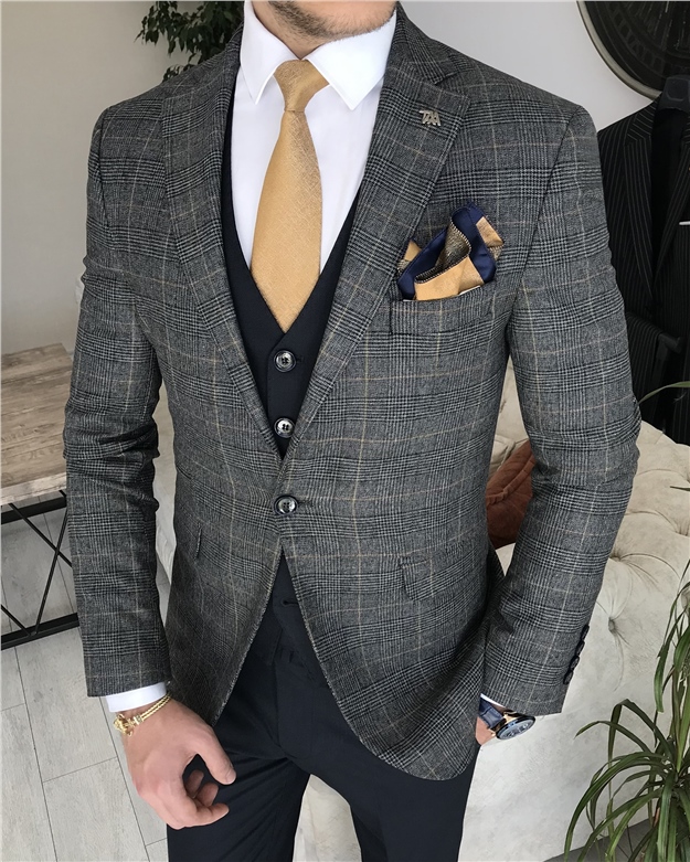 İtalyan stil slim fit erkek ekose ceket yelek pantolon takım elbise Gri T8324