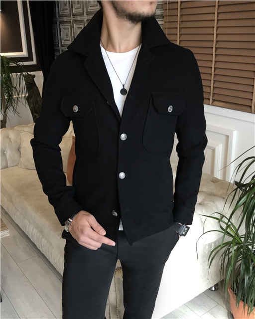 İtalyan stil slim fit erkek kaşe mont ceket siyah T6268