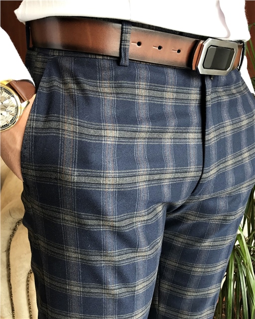 İtalyan stil slim fit erkek ekose kumaş pantolon Lacivert T6494