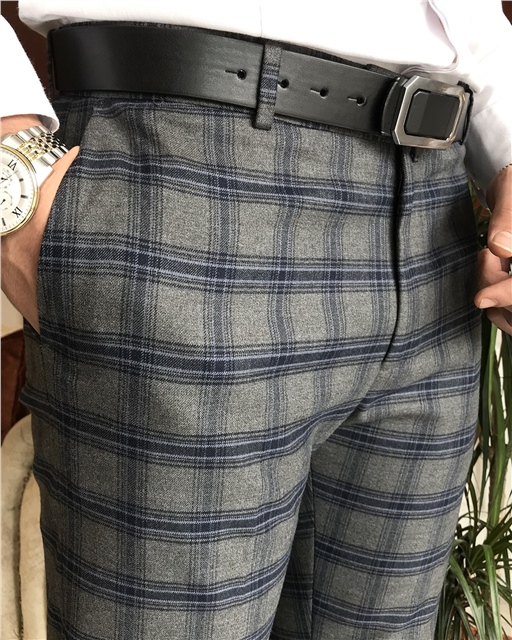 İtalyan stil slim fit erkek ekose kumaş pantolon Gri T6497