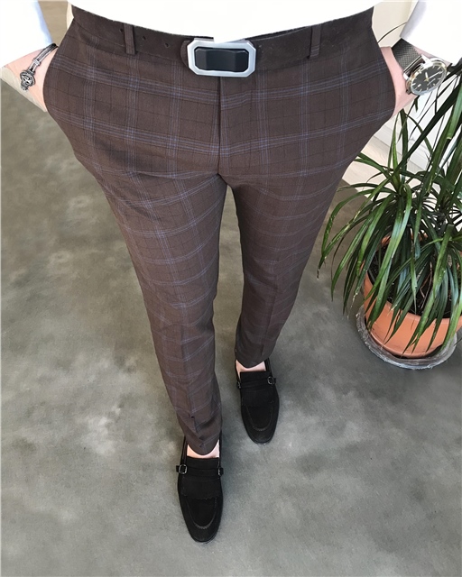 İtalyan stil slim fit erkek ekose kumaş pantolon Kahverengi T6973