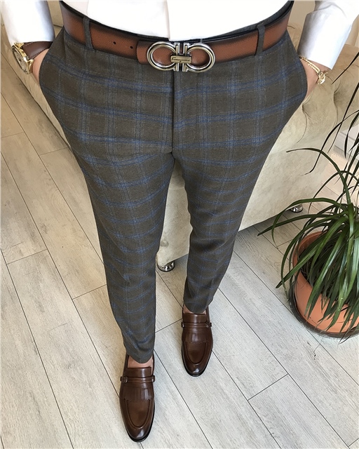 İtalyan stil slim fit erkek ekose kumaş pantolon Kahverengi T6493