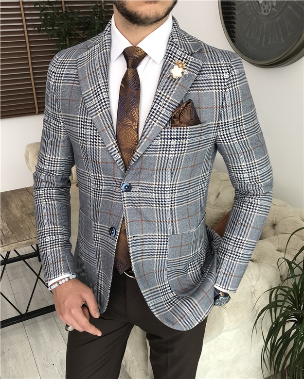 İtalyan stil slim fit erkek ekose mono yaka tek ceket Mavi T8098