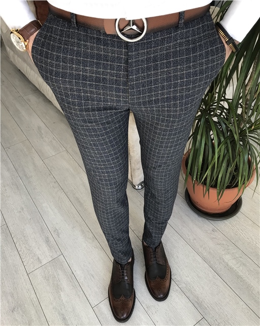İtalyan stil slim fit erkek ekose pantolon Lacivert T8006
