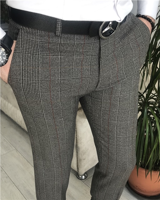 İtalyan stil slim fit erkek ekose pantolon Kahverengi T8265