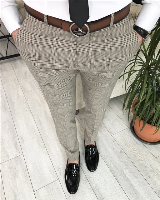 İtalyan stil slim fit erkek ekose pantolon Bej T8267