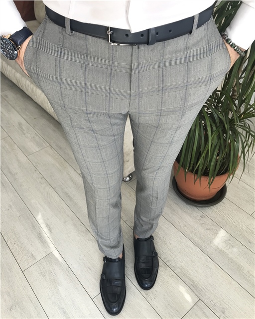 İtalyan stil slim fit erkek ekose pantolon Gri T8269