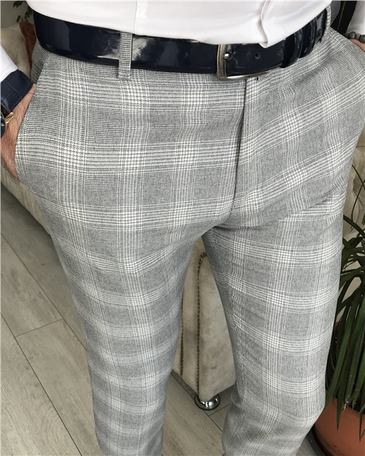 İtalyan stil slim fit erkek ekose pantolon Gri T8274