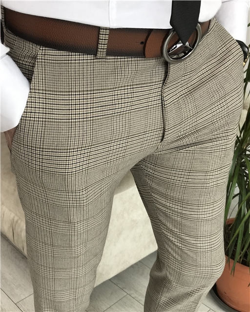 İtalyan stil slim fit erkek ekose pantolon Bej T8267