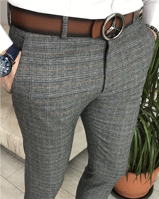 İtalyan stil slim fit erkek ekose pantolon Gri T8253