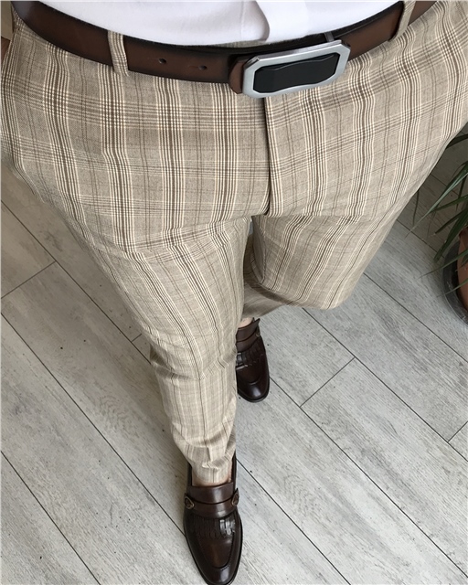 İtalyan stil slim fit erkek ekoseli kumaş pantolon Bej T5486