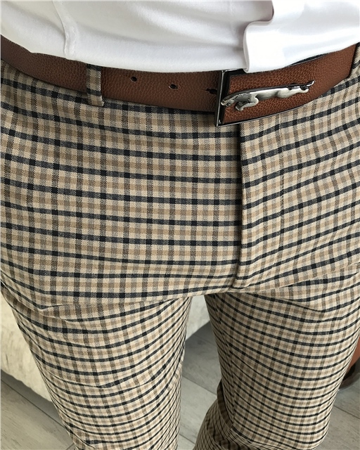 İtalyan stil slim fit erkek ekoseli kumaş pantolon Çok Renkli T5244