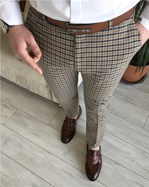 İtalyan stil slim fit erkek ekoseli kumaş pantolon Çok Renkli T5244
