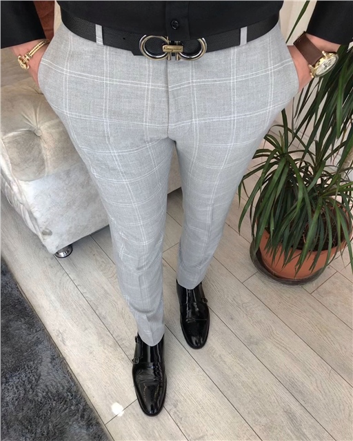İtalyan stil slim fit erkek ekoseli kumaş pantolon Gri T6691