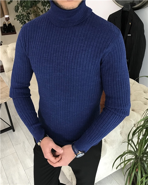İtalyan stil slim fit erkek fitilli balıkçı yaka triko kazak Saks T7966
