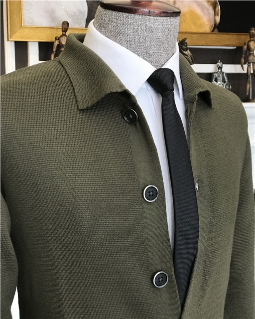 İtalyan stil slim fit erkek gömlek yaka cepli hırka triko Yeşil T5238