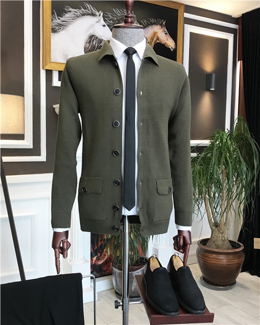 İtalyan stil slim fit erkek gömlek yaka cepli hırka triko Yeşil T5238