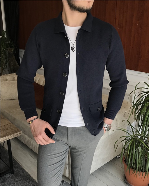 İtalyan stil slim fit erkek gömlek yaka cepli hırka triko Lacivert T5237