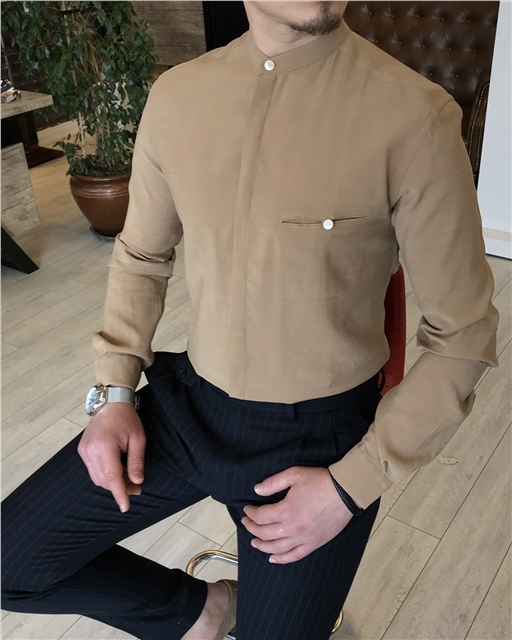 italyan stil slim fit erkek hakim yaka gömlek Açık Camel T5763