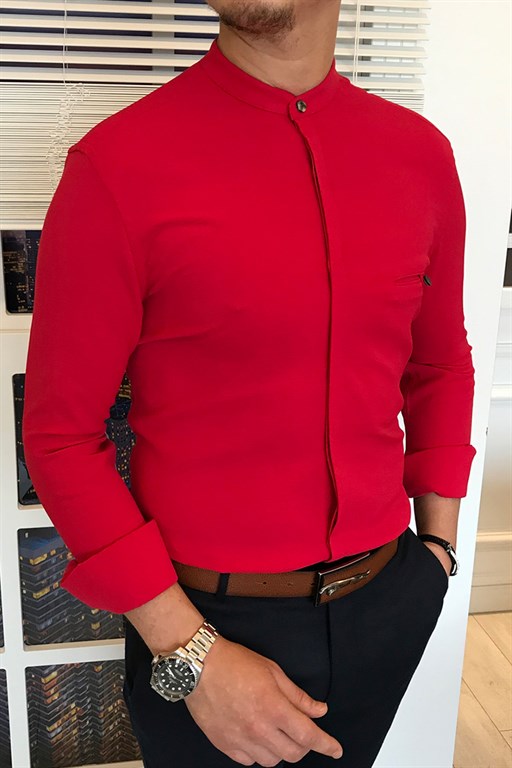 İtalyan stil slim fit erkek hakim yaka gömlek Koyu Pembe T4855