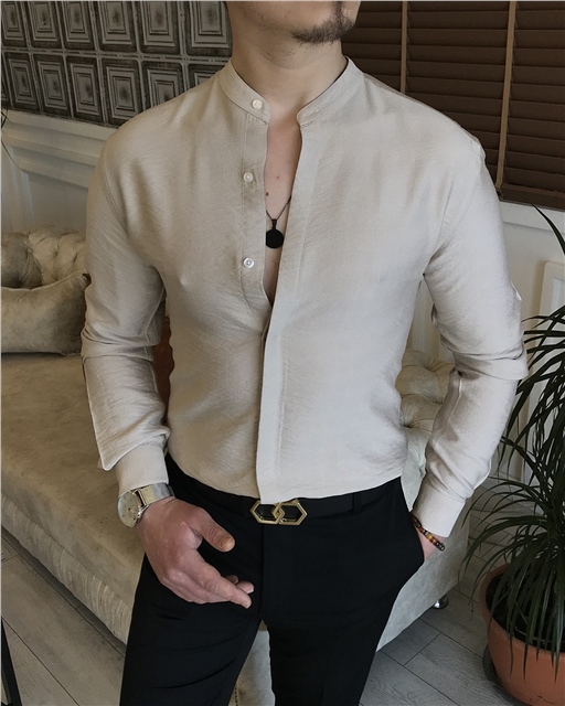 İtalyan stil slim fit erkek hakim yaka gömlek bej T5854