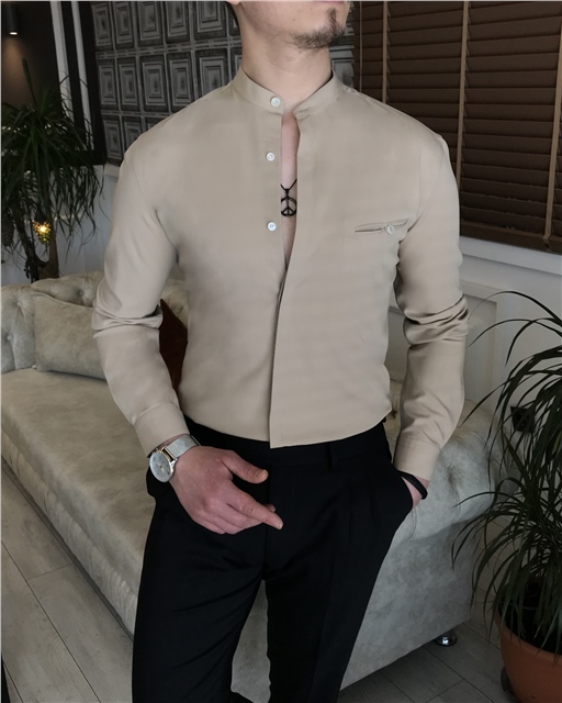 italyan stil slim fit erkek hakim yaka gömlek Bej T5764