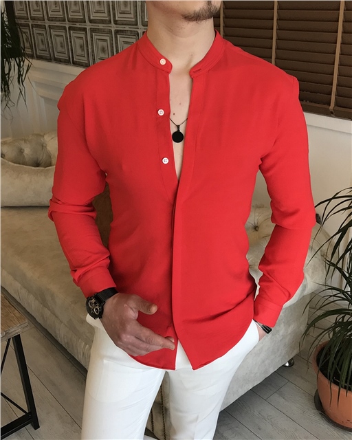 İtalyan stil slim fit erkek hakim yaka gömlek kırmızı T5852