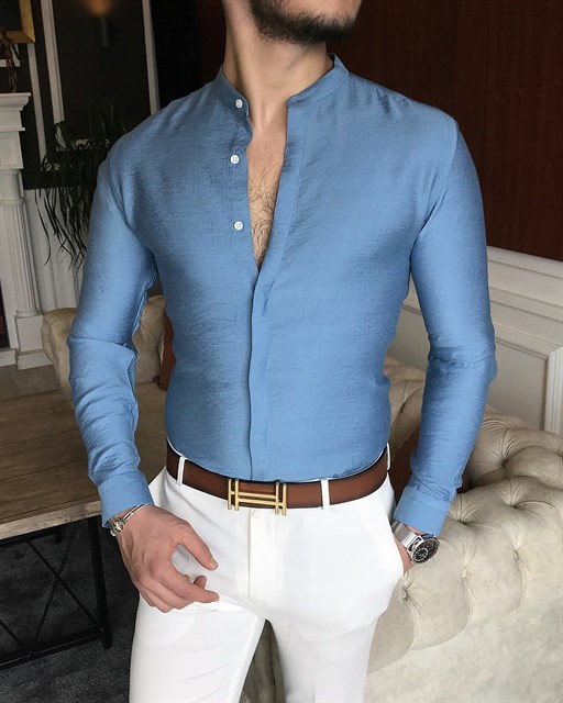İtalyan stil slim fit erkek hakim yaka gömlek Mavi T7097