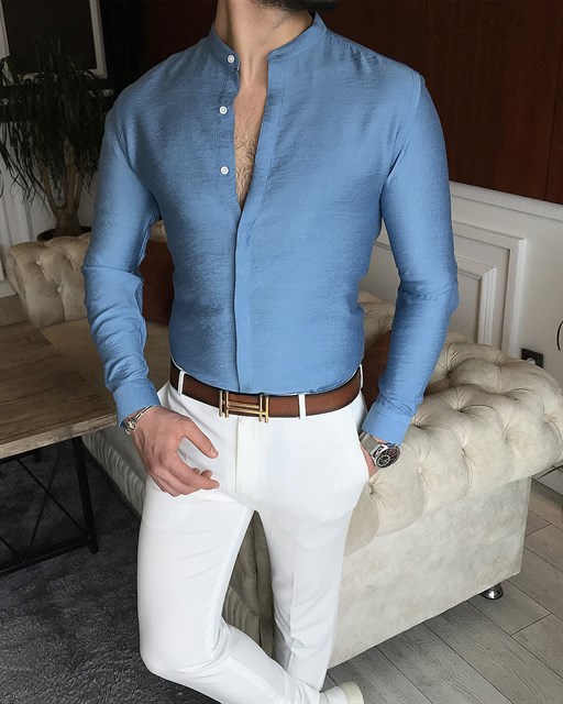 İtalyan stil slim fit erkek hakim yaka gömlek Mavi T7097