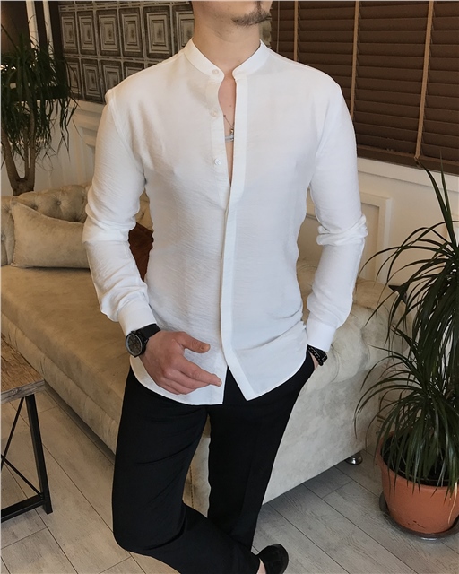 İtalyan stil slim fit erkek hakim yaka gömlek beyaz T5851