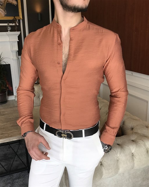 İtalyan stil slim fit erkek hakim yaka gömlek Kiremit T7094