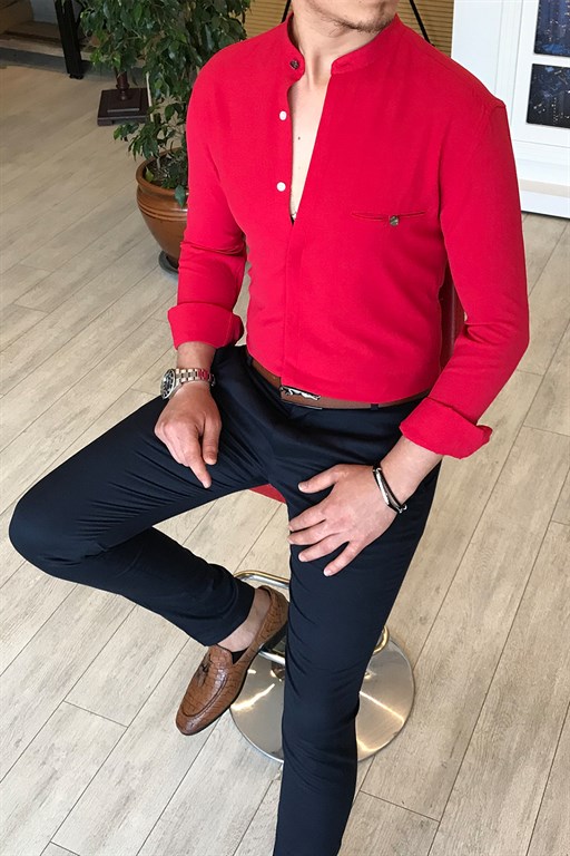 İtalyan stil slim fit erkek hakim yaka gömlek Koyu Pembe T4855