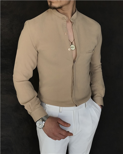 İtalyan stil slim fit erkek hakim yaka gömlek Bej T4878