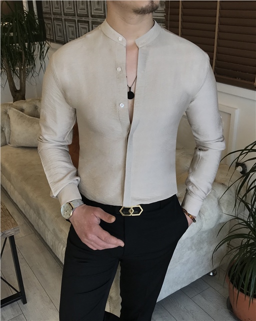 İtalyan stil slim fit erkek hakim yaka gömlek bej T5854