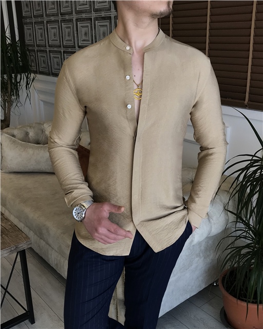 İtalyan stil slim fit erkek hakim yaka gömlek camel T5853
