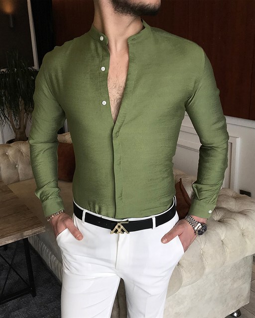 İtalyan stil slim fit erkek hakim yaka gömlek Yeşil T7093