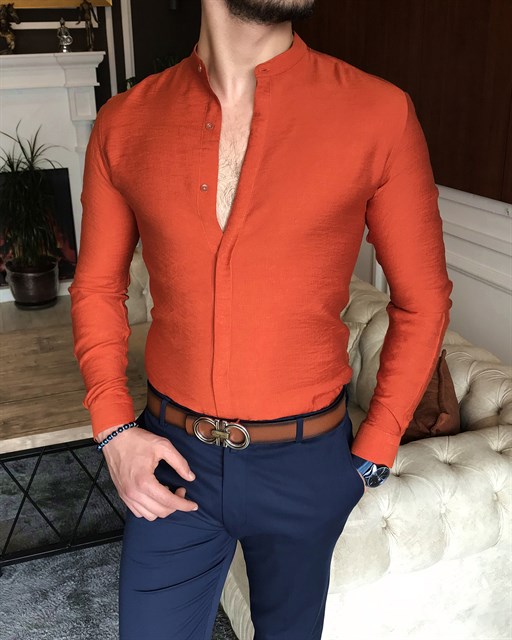 İtalyan stil slim fit erkek hakim yaka gömlek Kiremit T7098