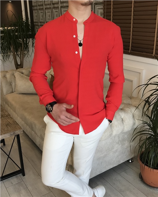İtalyan stil slim fit erkek hakim yaka gömlek kırmızı T5852
