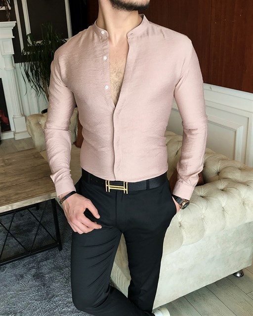 İtalyan stil slim fit erkek hakim yaka gömlek Vizon T7096