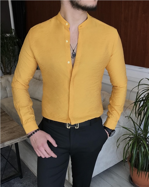 İtalyan stil slim fit erkek hakim yaka gömlek Sarı T7095